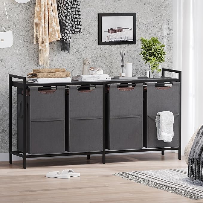 Heybly Laundry Hampers, 3 × 12.5 Gal Laundry Basket with Large Desktop Sorter for Laundry Room organization, Bathroom and Dorm Laundry Bags on Storage Shelf, Black and Gray HLH004BG