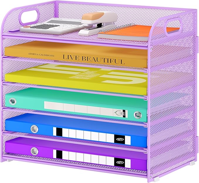 6 Tier Paper Organizer with Handle, Metal Desk Organizer Mesh Paper Letter Tray Desktop File Folder Document Sorter for Classroom, School, Office Accessories Organization and Storage - Purple