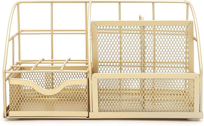Exerz Desk Organizer Golden Office Desk Accessories Supplies Office Storage Desktop Pencil Pen Holder with Drawer Home Workspace