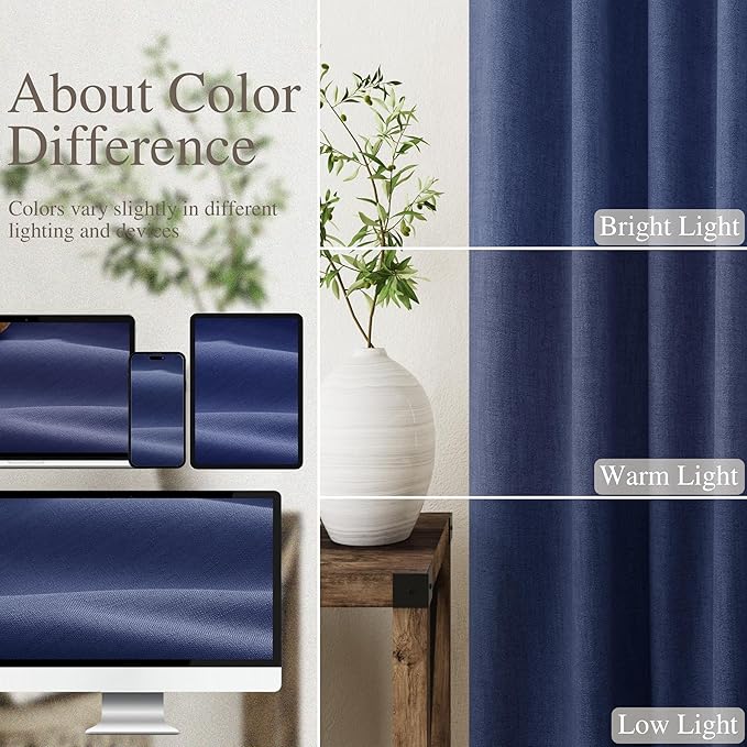 Nanspring 100% Blackout Curtains 2 Panels Set Classic Blue Window Curtains 102 Inches Long Cotton Textured Linen Thermal Insulated Noise Reducing Flax Linen Drapes for Living Room and Nursery 52x102