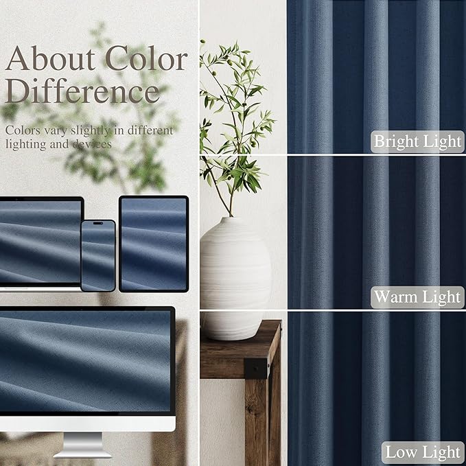 Nanspring Denim Blue Linen Blackout Curtains 96 Inches Long Loop Pocket Rod Pocket Flax Linen Noise Reducing Full Shading 2 Panels Set for Dining Room Elegant Modern Curtains Drapes 52x96