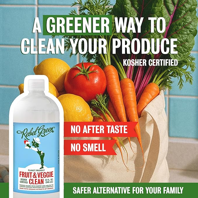 Rebel Green Fruit & Veggie Clean - Plant-Based Produce Cleaner - Natural Fruit and Vegetable Wash with No Aftertaste - Chemical & Wax Removal - Made with Organic Extracts of Citrus - Gallon