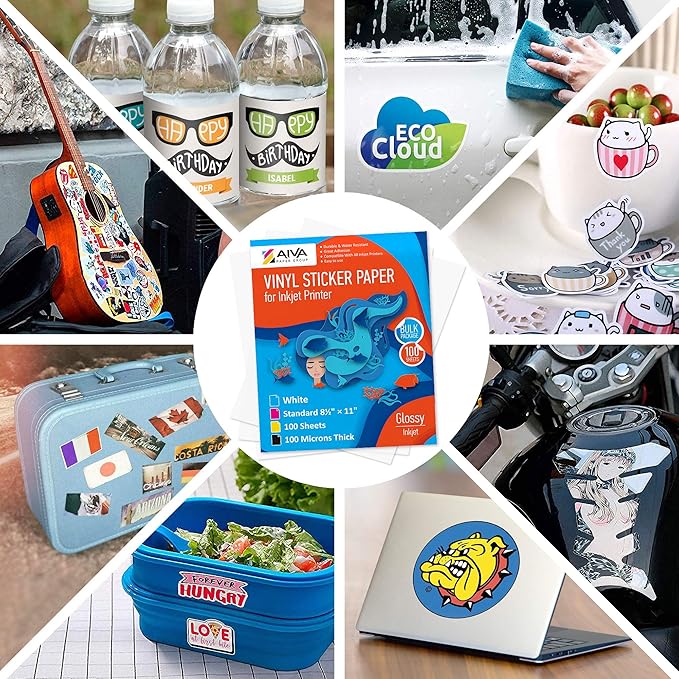 Printable Vinyl Sticker Paper - Waterproof Decal Paper for Inkjet Printer - 100 Self-Adhesive Sheets - Glossy White - Standard Letter Size 8.5"x11"