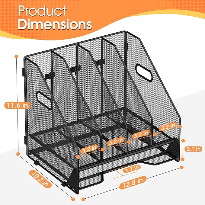 Desk File Folder Holder Organizer-4 Vertical Compartments Racks and Paper Letter Tray,Mesh Magazine File Holder Sorter,Desktop Accessories & Workspace Organizers for Home,Office,School-Black