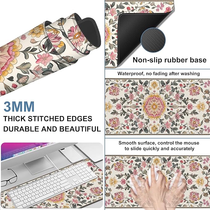 Elegant Carpet Gaming Mouse Pad 3mm Thick Stitched Edge Waterproof Non-Slip Large Computer Keyboard Mouse Mat,Suitable for Office Entertainment Decorative Desk Pad 35.4 x 15.7 Inches