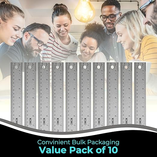 NOKKO 18 Inch Metal Ruler with Cork Backing, Pack of 10 - Flexible Stainless Steel Straight Edge Ruler with Inches and Centimeters, Non-Slip Backing for Precision and Stability