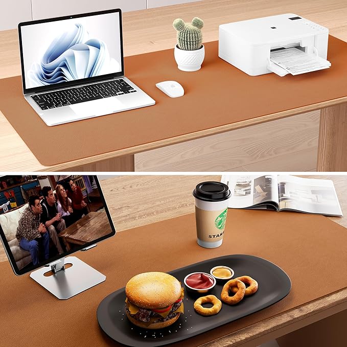 Aothia Double-Sided Desk Pad, Leather Desk Mat, Eco Cork Desk Pad Protector, Large Mouse Pad for Desk, Waterproof Desk Blotter Pad, Writing Pad for Office/Home(23.6""x13.7"",Brown), Brown+cork