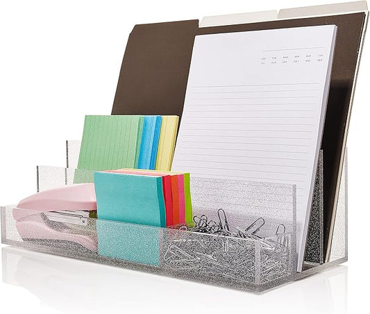 Acrylic Desk Organizer for Office Supplies and Desk Accessories, 12.5” x 5.5” x 4” and 5mm Acrylic Valet to Organize Documents, Mail, Paper Clips, Sticky Notes, Tablet, Other Storage (Clear Glitter)