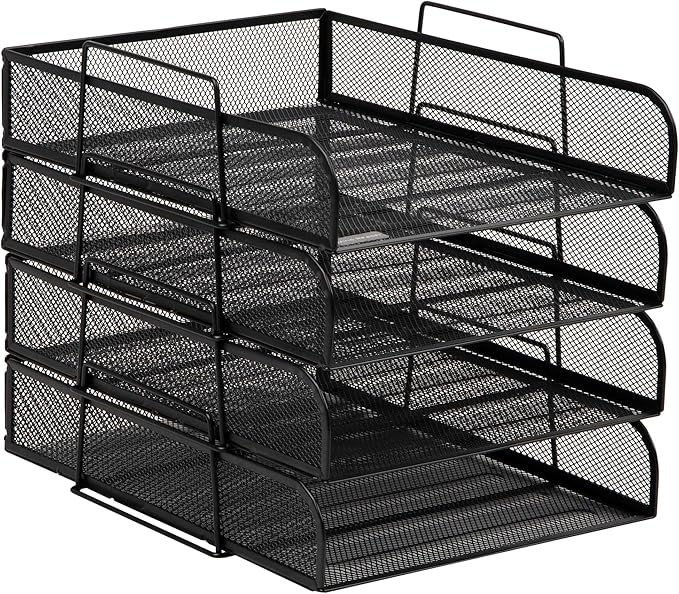 Mind Reader Stackable Paper Tray, Desktop Organizer, File Storage, Office, Metal Mesh, 10.5" L x 13.5" W x 11.25" H, 4 Pcs., Black
