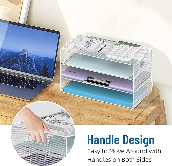 DALTACK 3 Tier Letter Tray Paper Organizer with Handle, Mesh Desk File Organizer, Paper Tray Desk Organizer for School Office Home, Metal Mesh, White