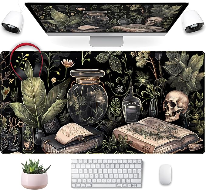 Cute Skull Desk Mat Dark Academia Desk Matt for Desktop Kawaii Anime Plants Mouse Pad XXL Extended Large Gaming Desk Pad, Laptop Computer Keyboard Mouse Mat Office Decor Accessories, 31.5x15.75 in
