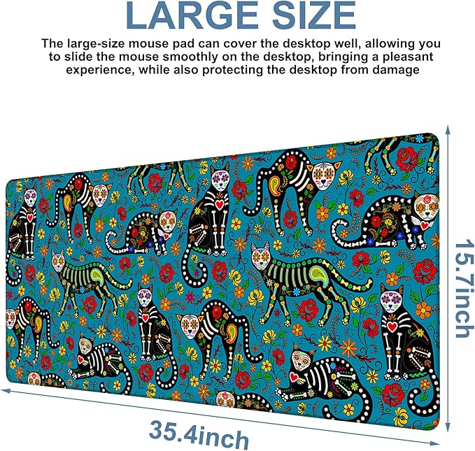 Sugar Skull Black Cats Gaming Mouse Pad 3mm Thick Stitched Edge Waterproof Non-Slip Large Computer Keyboard Mouse Mat,Suitable for Office Entertainment Decorative Desk Pad 35.4 x 15.7 Inches