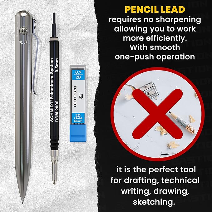 BASTION® Luxury Mechanical Pencil, Professional Medium Point Pencil for Birthday Gift includes 20 x 0.77mm Lead Refills - Stainless Steel