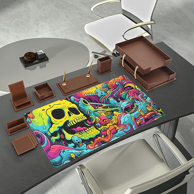 Gaming Desk Mat Skull Desk Pad Extended Mouse Pad XXL, Cool Mouse and Keyboard Mat Big Desktop Mats for Desk, Laptop Mat with Non-Slip Base & Stitched Edges, Office Decor for Men 31.5" x 15.7"