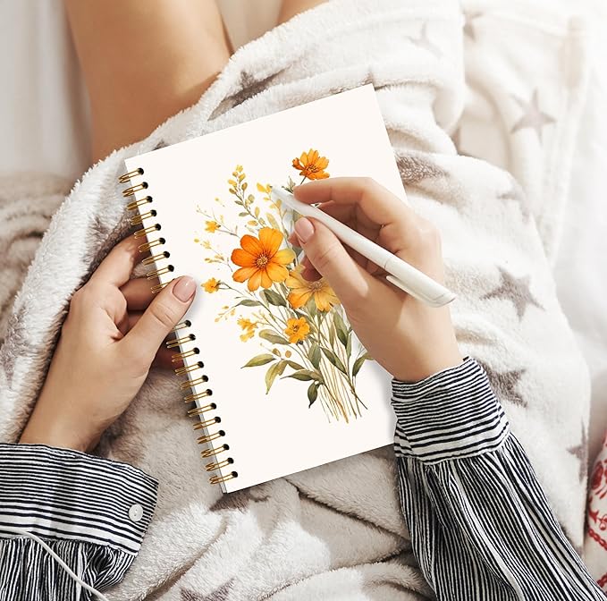 JWVK Rustic Orange Floral Spiral Notebook, Cottagecore Wild Flower Botanical Notebooks for Note Taking, Wildflowers Bouquet Journal for Women, 5.5x8.3 Inch