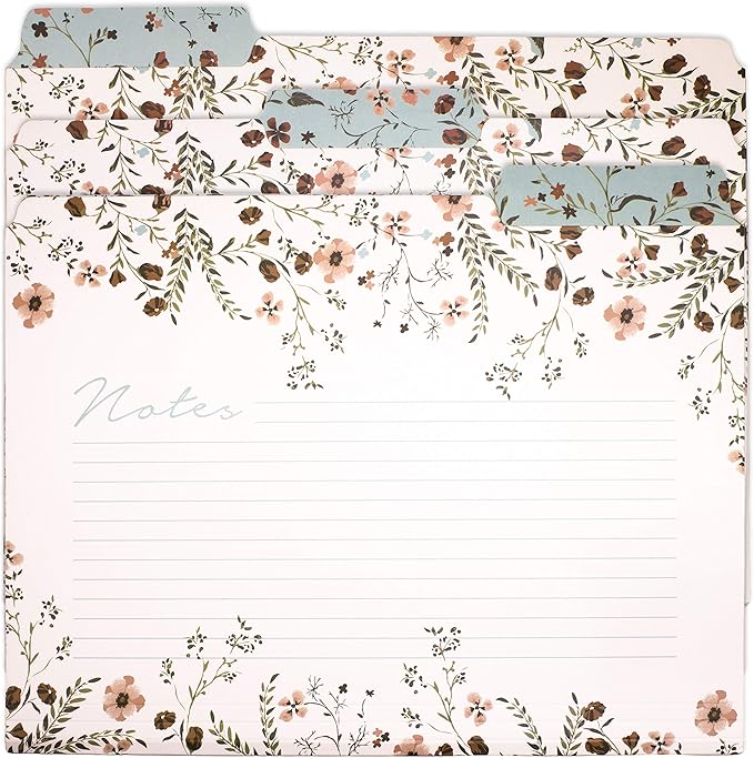 Steel Mill & Co Thick Sturdy File Folders Decorative, Set of 6 File Folders with Tabs and Sticker Labels, Cute Colored File Folders Letter Size with Notes Section, Woodland Floral