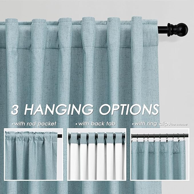 Blackout Light Blue Linen Curtains 96 Inches Long Back Tab Heat Reflective Full Light Block Out Curtain 2 Panels for Bedroom Window Textured Long Draperies with Liner Floor to Ceiling Length 52x96