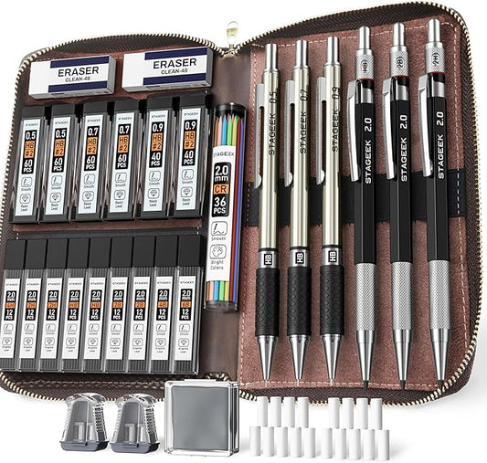 30PCS Mechanical Pencil Set with Leather Bag, Drawing Pencils 0.5, 0.7, 0.9MM & 3PCS 2MM Sketching Pencil with 464PCS Leads (6B 4B 2B HB 2H 4H Color) for Artist Drafting Drawing Writing