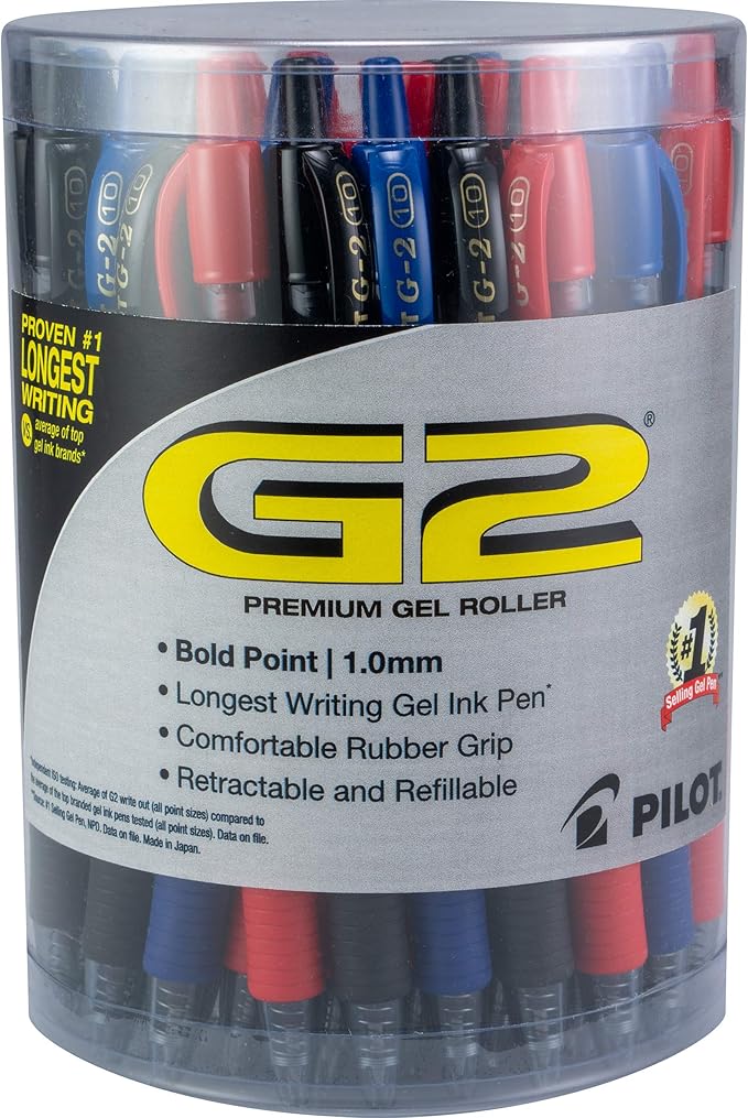 Pilot G2 Premium Gel Roller Pens, Bold Point, Gel Ink Pens, 1 mm, Tub of 36, Black, Blue, Red - Ideal for School, Journaling & Office Writing