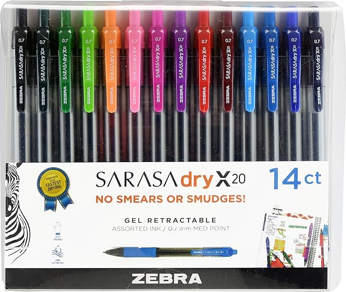 Zebra Pen Sarasa Dry X20 Retractable Gel Pens, 0.7mm Medium Point, Assorted Ink Colors with Rapid Dry Ink Technology, Ideal for Office Supplies and School Supplies, 14-Pack (46824)