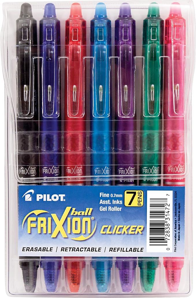 Pilot FriXion Erasable Gel Pens, Fine Point 0.7 mm Erasable Pens, Pack of 7 Assorted Colors