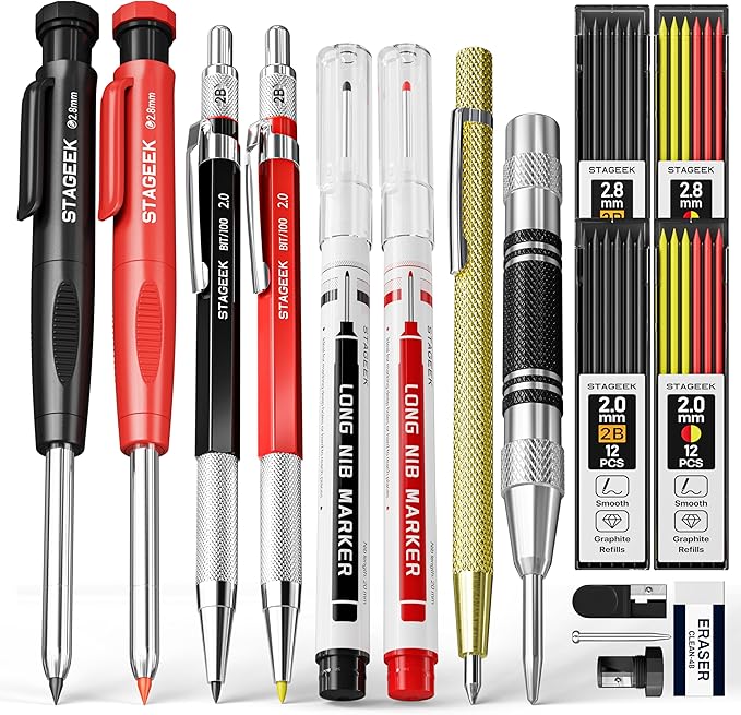 17 Pack Carpenter Pencil Set with Sharpener, Mechanical Carpenter Pencils with 60 Refills, Deep Hole Long-Nib Marker Pens, Carbide Scribe Tool & Construction Pencils for Architect with Case