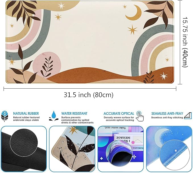 Boho Desk Mat, Abstract Retro Plant Large Mouse Pad, XXL Gaming Large Mousepad 31.5x15.7 in, Brown Grey Boho Aesthetic Desk Pad for Women Office Decor Laptop Keyboard Mouse Mat