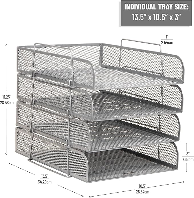 Mind Reader Stackable Paper Tray, Desktop Organizer, File Storage, Office, Metal Mesh, 10.5" L x 13.5" W x 11.25" H, 4 Pcs., Silver
