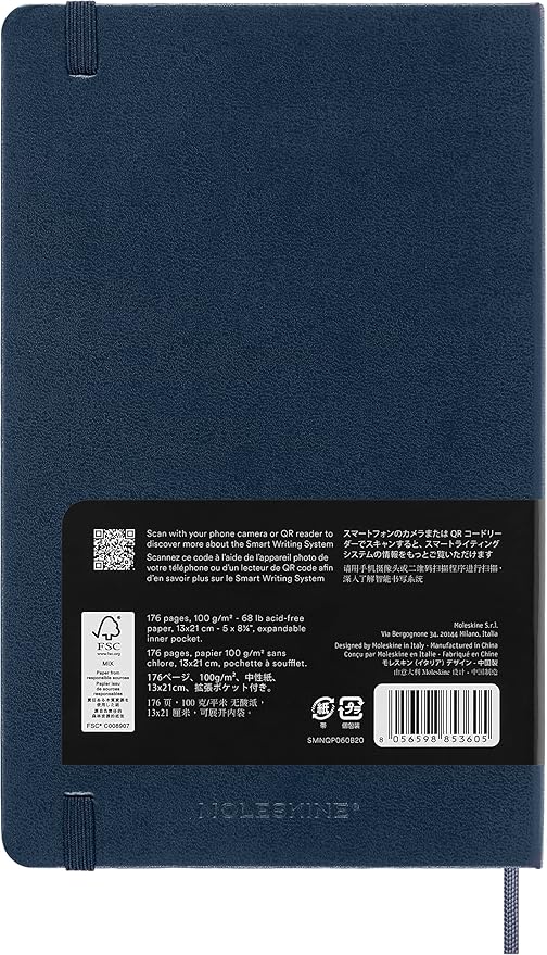 Moleskine Smart Notebook, Large, Ruled, Sapphire Blue, Hard Cover (5 x 8.25)