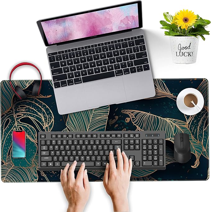 Desk Pad, Green Gold Palm Leaves Extended Gaming Mouse Pad Cute Large Desk Mat, Non-Slip Rubber Base Mousepad with Stitched Edges, Keyboard Mouse Mat Desk Pad for Game Office Home 31.5x15.75 in