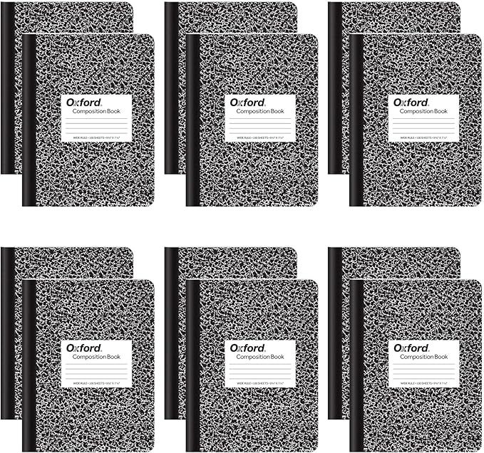 Oxford Composition Notebooks, Wide Ruled Paper, 9-3/4" x 7-1/2", Black Marble Covers, 100 Sheets, 12 per Pack (63795)