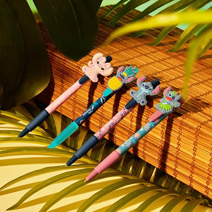 Disney Pens, 4 Cute Pens with Adorable Stitch Toppers, Pretty Pens for Journaling, Drawing, or School Work, Cute Pens for Women & Kids, Stitch School Supplies, Black Ink Ballpoint Pen Set