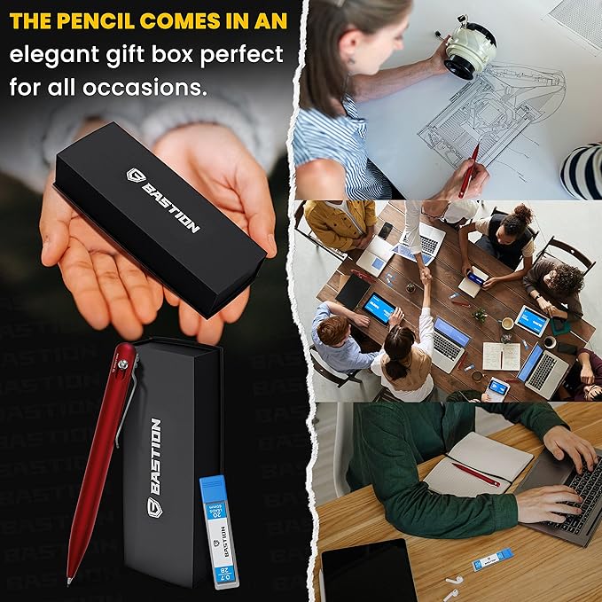 BASTION® Luxury Mechanical Pencil, Professional Lightweight Medium Point Aluminum Pencil for Birthday Gift includes 20 x 0.77mm Lead Refills - Red