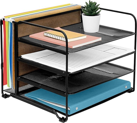 CAXXA 4 Tier Mesh Document Trays with Vertical Upright Section for Hanging File Holders, Mesh Office Supplies Desk Organizer, Black
