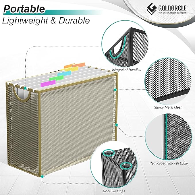 Hanging File Organizer, Letter-size File Holder Filing Box with 5 Hanging Folders, Metal Mesh Desk File Folder Storage(No Assembly Required)