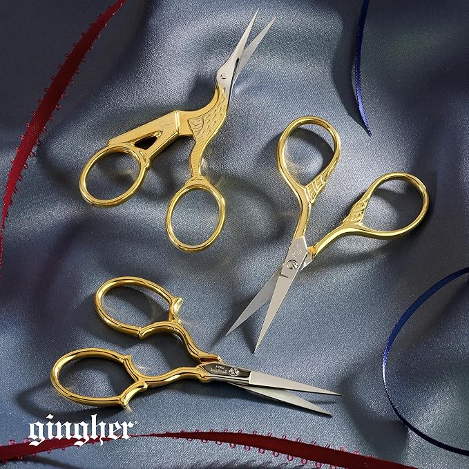 Gingher Stork Embroidery Scissors and Leather Sheath - 3.5" Craft Scissors for Fabric, Thread, and Needlework Yarn Cutting - Gold