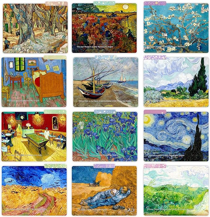 PARTH IMPEX 12 Pack Vincent Van Gogh Decorative File Folders, 1/3 Cut Tab with Assorted Positions, Letter Size Paper Holders (9.37” x 11.75”) Matte Finish Laminated for Office School Work