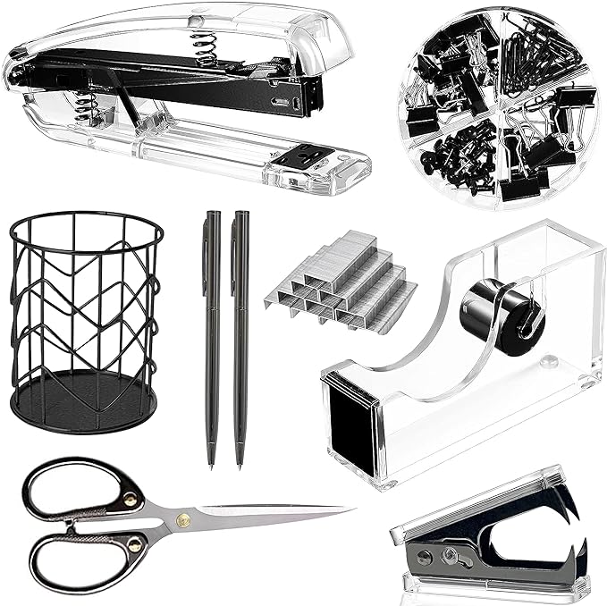 Office Desk Accessories，Office Supplies Set Acrylic Stapler Set Staple Remover, Tape Holder, Pen Holder, 2 Ballpoint Pen, Scissor, Binder Clips, Paper Clips and 1000pcs Staples(Black)