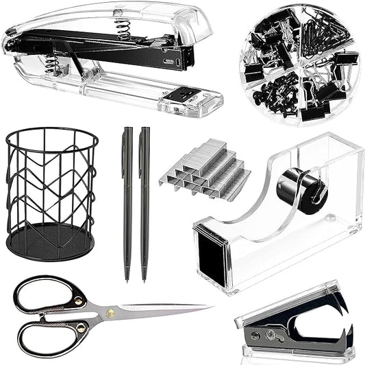 Office Desk Accessories，Office Supplies Set Acrylic Stapler Set Staple Remover, Tape Holder, Pen Holder, 2 Ballpoint Pen, Scissor, Binder Clips, Paper Clips and 1000pcs Staples(Black)