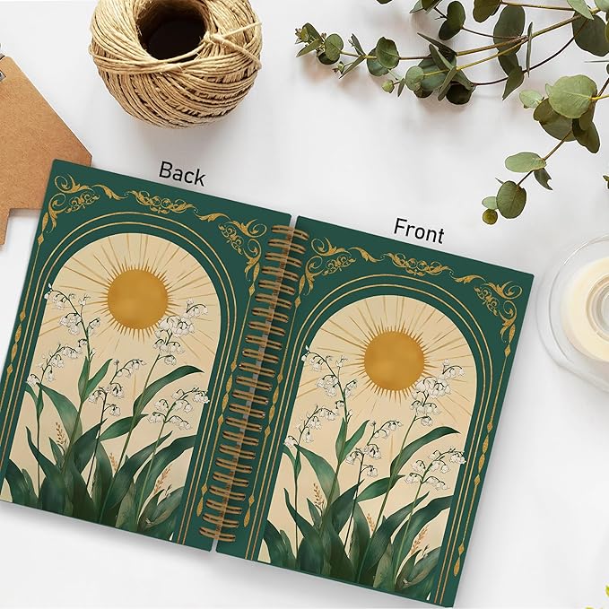 Green Boho Floral Spiral Notebook, Vintage Lily Sun Botanical Flowers Journal Notebook, Green Floral Notebooks for School Work, Boho Office Supplies Gifts for Women, 5.5x8.3 Inch