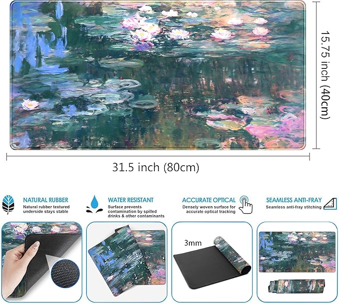 Abstract Oil Painting Mousepad Retro Water Lilies Desk Mat, XXL Large Extended Mouse Pad Gaming, Computer Laptop Keyboard and Mouse Mat, Floral Desk Pad with Stitched Edge, 31.5''x15.7''