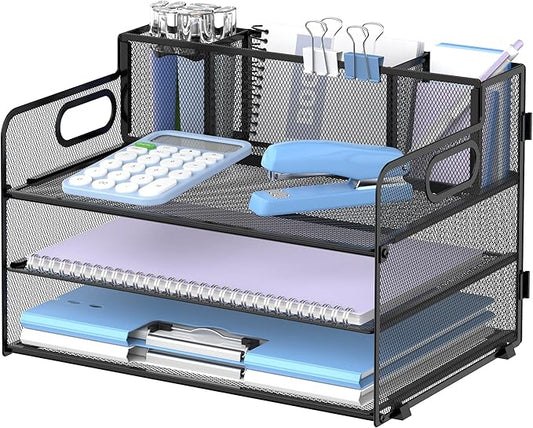 SUPEASY 3 Tier Desk Organizer with Handle & 3 Pen Holders, Mesh Paper/File Organizer for Desk, Paper Letter Tray Organizer for Office Supplies (Black)