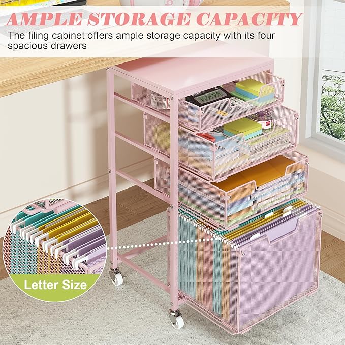 4 Drawer Rolling File Cart Under Desk Storage, File Cabinets for Home Office, Mobile Filing Cabinet, Hanging File Organizer with Wheels, Utility Cart Printer Stand, Pink (Patent Pending)