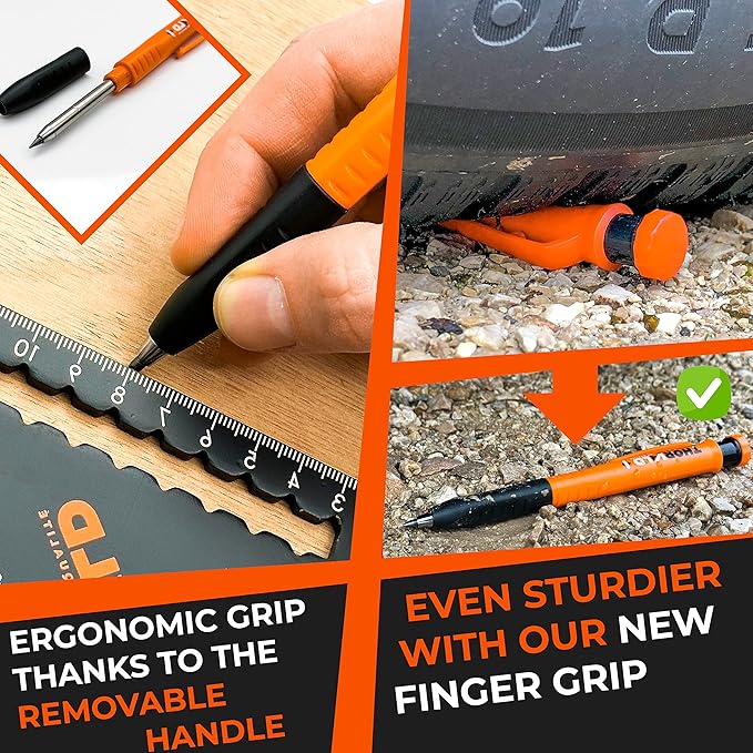 THORVALD New 2-in-1 Carpenter Pencils with Finger Grip for Construction - Incl. 7 Leads + Sharpener - Solid Mechanical Pencils with Fine Point/Best Marking tools Construction/Carpenters/Scriber