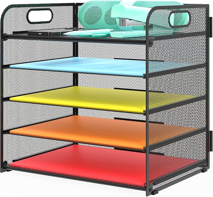 Letter Tray Paper Organizer 5-Tier Desk Organizer File Organizer Paper Holder with Handle, Metal Desktop Document Shelf Tray Office Classroom Organization - Black