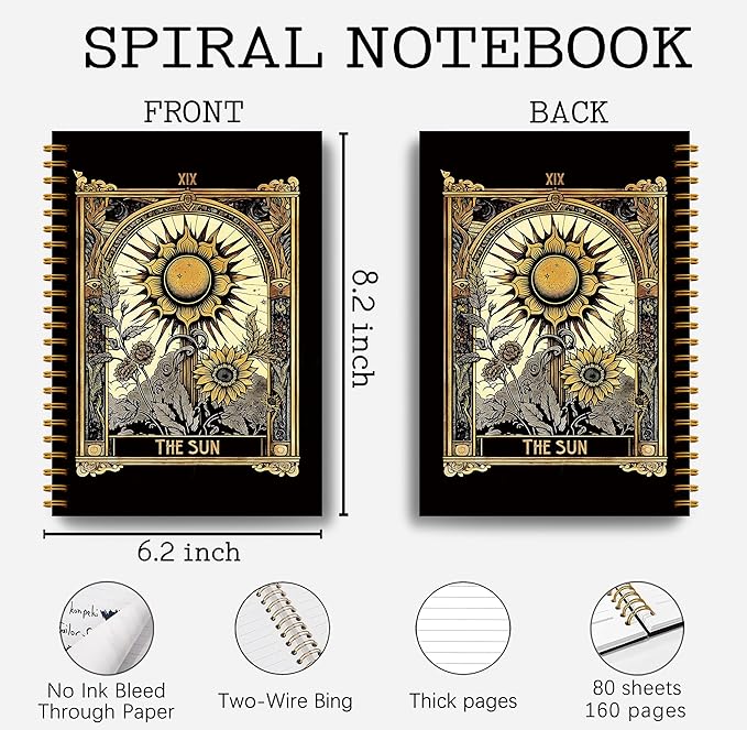 Tarot Card Notebook Journal - The Sun Tarot Notebook 5.5×8.3, Tarot Spiral Bound Notebook Aesthetic with 164 Pages, Witch Journal, Witch Gifts