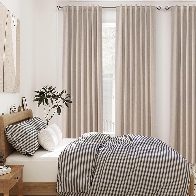 100% Blackout Linen Curtains 90 inch Length 2 Panels for Living Room Loop Pocket Pinch Pleated Black Out Drapes Oatmeal Heat Reducing Total Blackout Window Curtains for Bedroom 90 inches Long