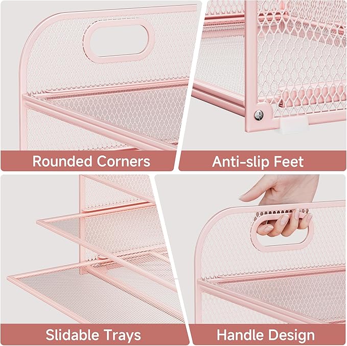 Paper Organizer for Desk Organizers and Accessories for Office 5 Tier Letter Tray Storage with Handle Mesh Desktop Paper Holder for School- Pink