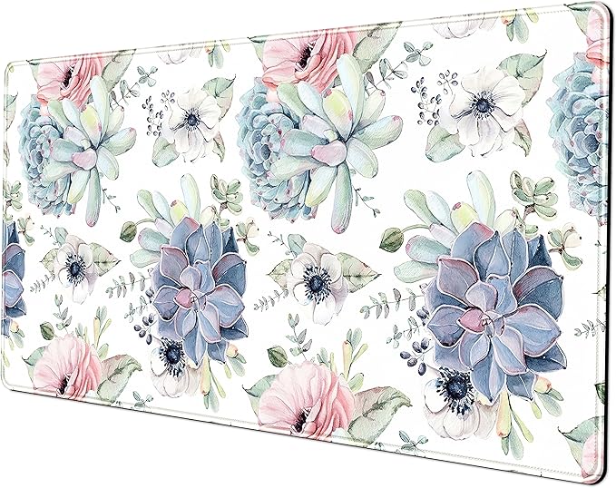 Watercolor Succulents Desk Mat, Plants Succulent Roses Desk Pad Protector, Large Gaming Mouse Pad, Stable Rubber Base Mousepad with Stitched Edges, Keyboard Mouse Mat for Work, Game, Office, Home