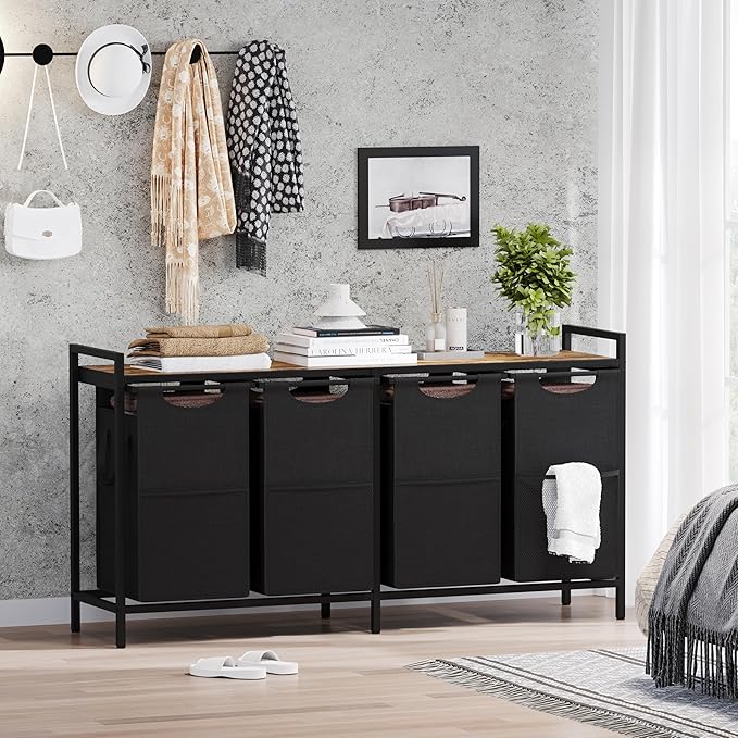 Heybly Laundry Hampers, 4 X 12.5 Gal Laundry Basket with Large Desktop Sorter for Laundry Room organization, Bathroom and Dorm Laundry Bags on Storage Shelf, Rustic Brown HLH004SR